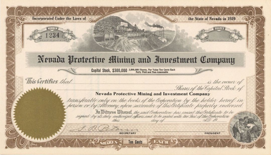 Nevada Protective Mining and Investment Co. - Unissued Nevada Mining Stock Certificate