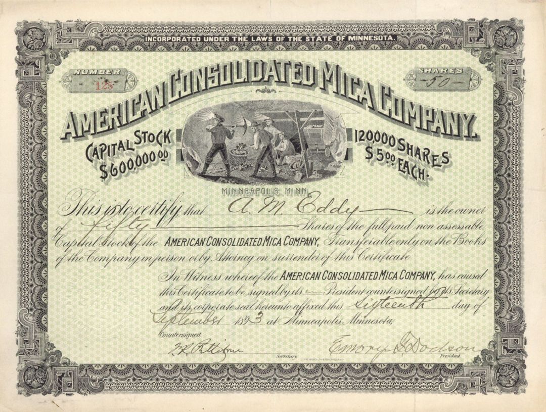 American Consolidated Mica Co. - 1893 Mining Stock Certificate