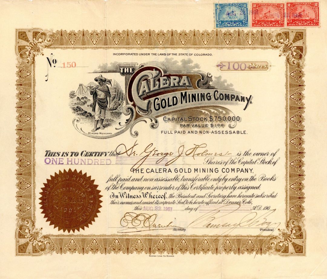 Calera Gold Mining Co. - 1902 dated Colorado Mining Stock Certificate