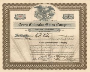 Cerro Colorado Mines Co. - 1910 dated Colorado Mining Stock Certificate - Cerro Colorado Mountains