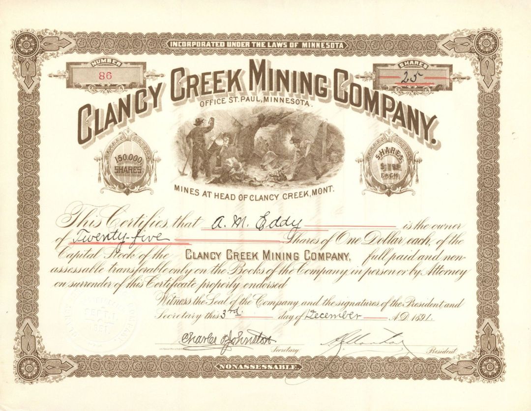 Clancy Creek Mining Co. - 1890's dated Montana Mining Stock Certificate - Mines at Head of Clancy Creek, Montana