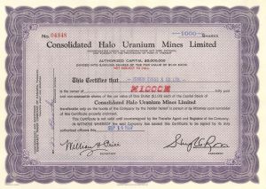 Consolidated Halo Uranium Mines Ltd. - 1957 Mining Stock Certificate