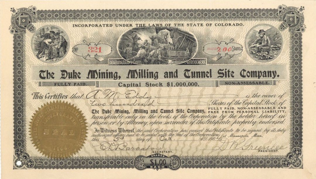 Duke Mining, Milling and Tunnel Site Co. - 1904-1908 Mining Stock Certificate