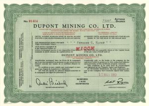 Dupont Mining Co. Ltd. - 1957 dated Canadian Mining Stock Certificate