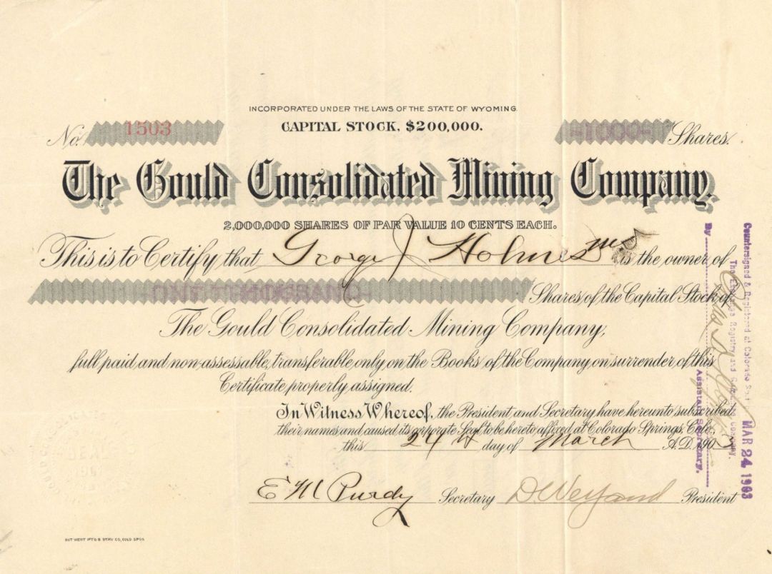 Gould Consolidated Mining Co. - 1903 Mining Stock Certificate
