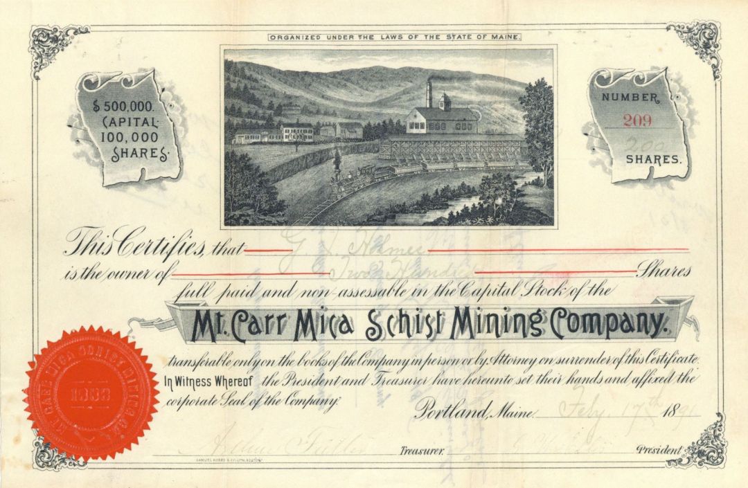 Mt. Carr Mica Schist Mining Co. - 1891 Mining Stock Certificate