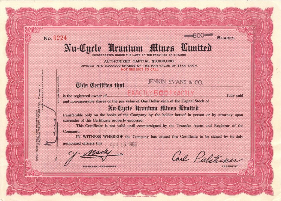 Nu-Cycle Uranium Mines Ltd. - 1955 dated Mining Stock Certificate