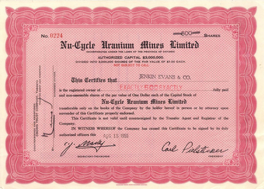 Nu-Cycle Uranium Mines Ltd. - 1955 dated Mining Stock Certificate