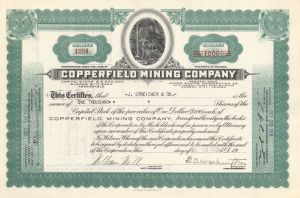 Copperfield Mining Co. - 1928 dated Stock Certificate - Mentions Carson City, Nevada