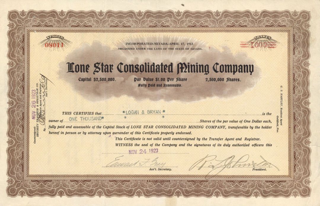Lone Star Consolidated Mining Co. - 1923-1925 dated Nevada Mining Stock Certificate