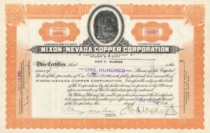 Nixon-Nevada Copper Corp. - 1925-1926 dated Mining Stock Certificate - Mentions Reno, Nevada