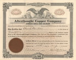 Afterthought Copper Co. - 1915-1920 dated Stock Certificate