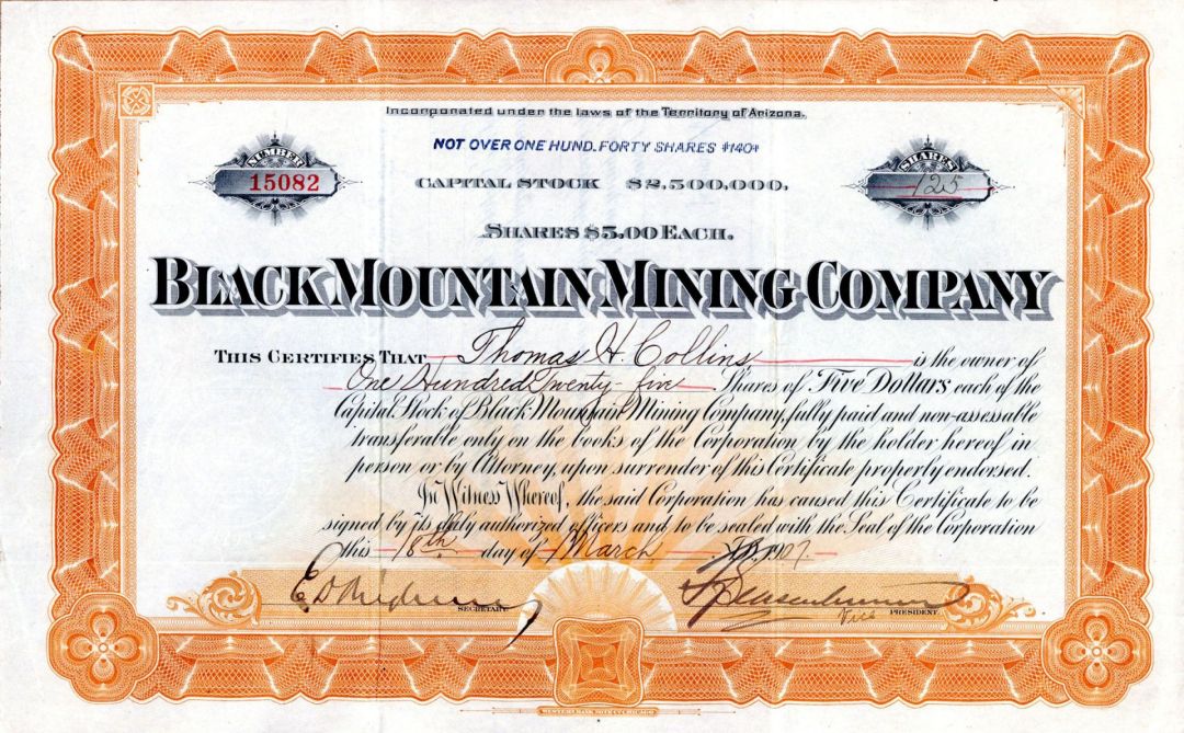 Black Mountain Mining Co. - 1907 dated Stock Certificate