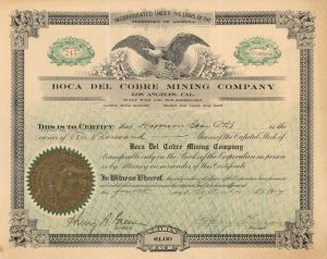 Boca Del Cobre Mining Co. - 1909 dated Stock Certificate