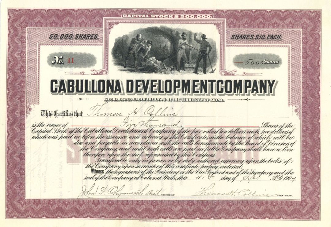 Cabullona Development Co. - 1907 dated Stock Certificate