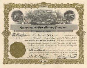 Campana de Oro Mining Co. - 1928 or 1929 dated Stock Certificate