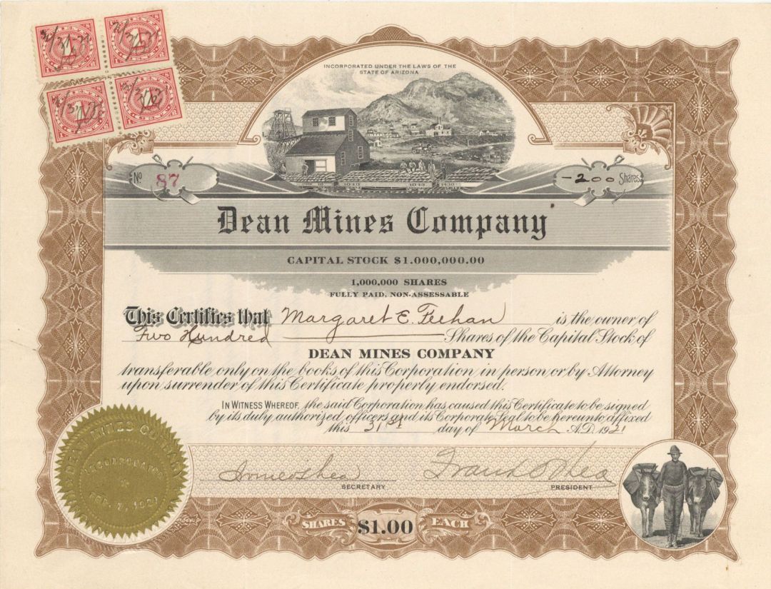Dean Mines Co. - 1921 dated Stock Certificate