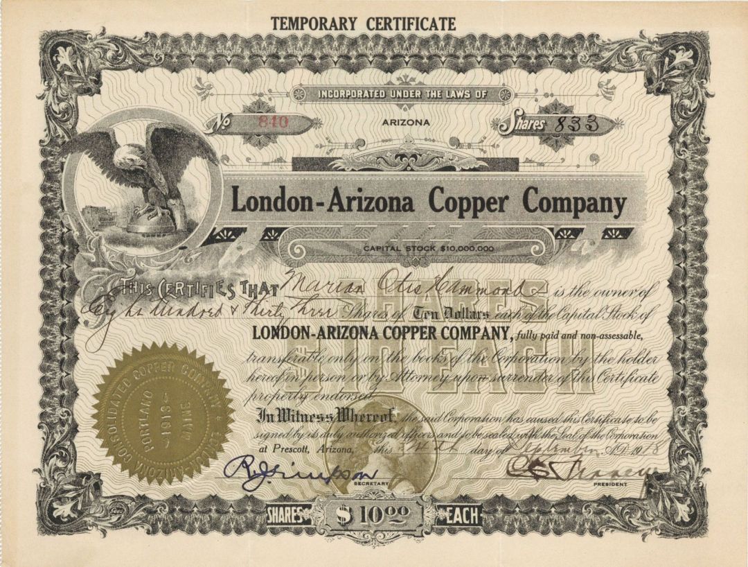 London-Arizona Copper Co. - 1918 dated Stock Certificate