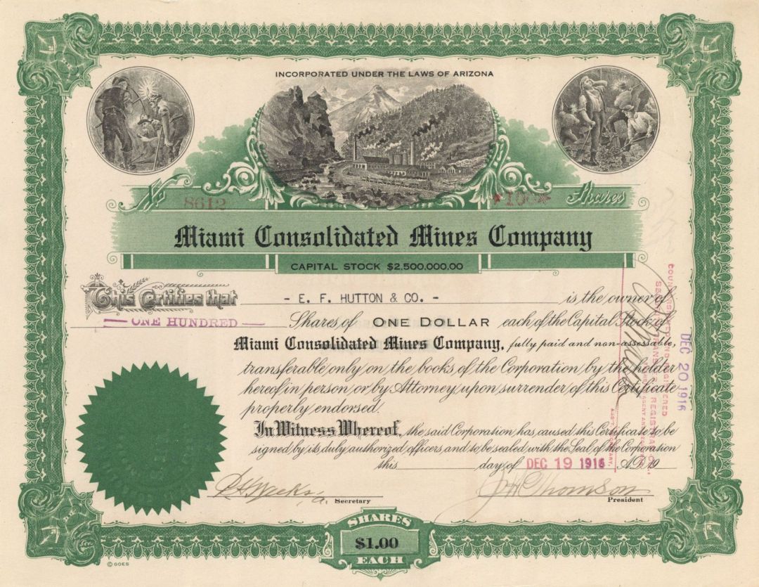 Miami Consolidated Mines Co. - 1916 dated Stock Certificate