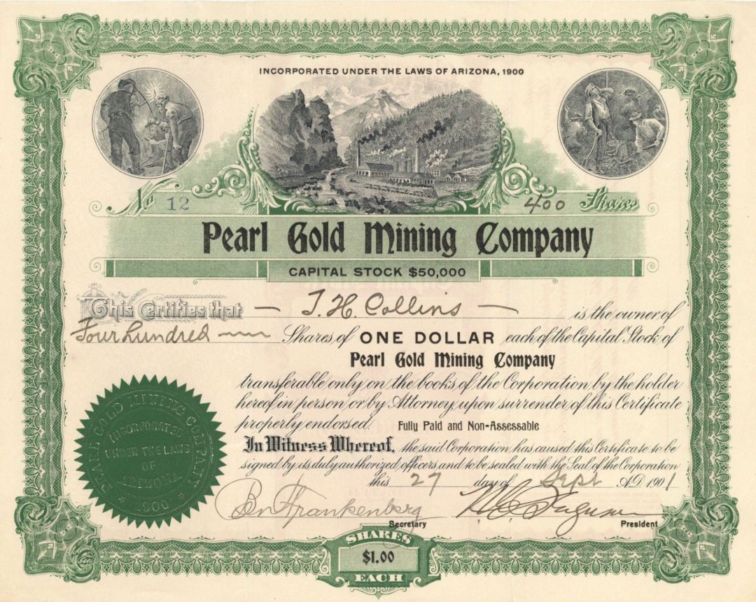 Pearl Gold Mining Co. - 1901 dated Stock Certificate