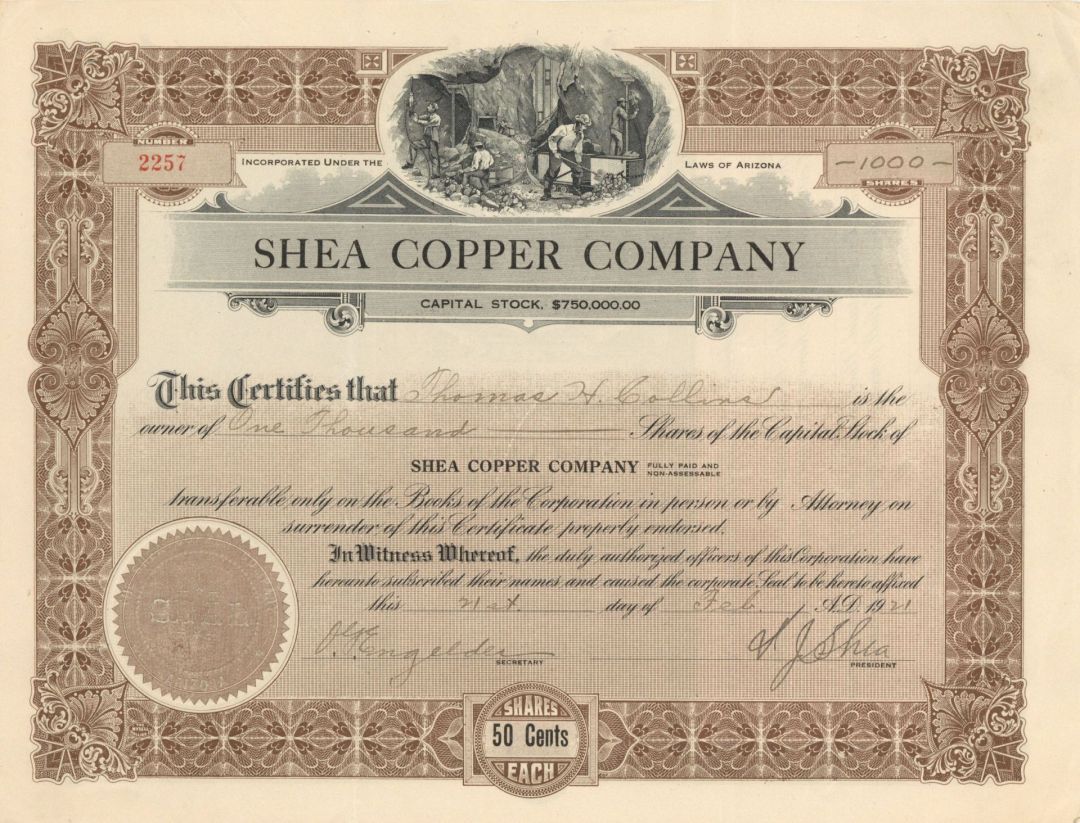 Shea Copper Co. - 1921-1924 dated Stock Certificate
