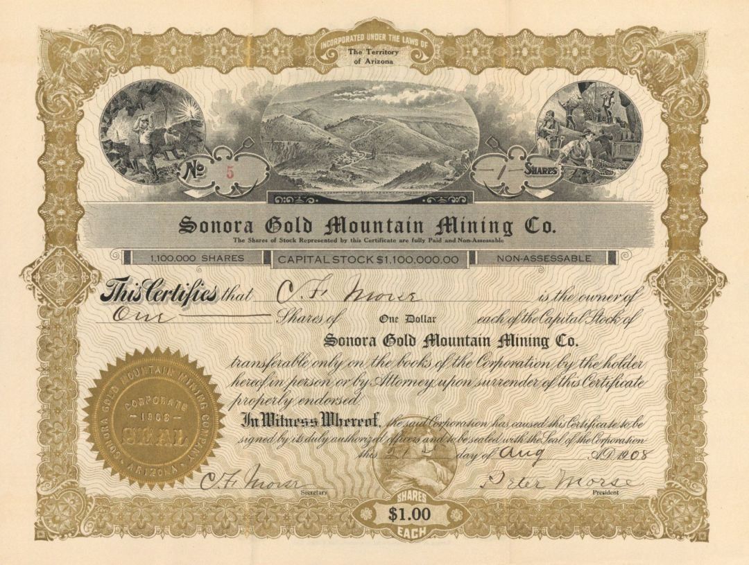 Sonora Gold Mountain Mining Co. - 1908-1910 dated Stock Certificate
