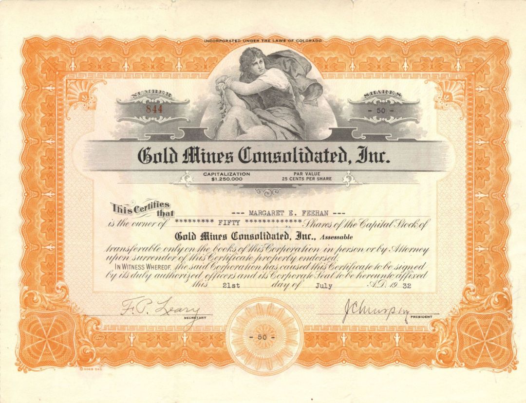 Gold Mines Consolidated, Inc. - 1932 dated Stock Certificate