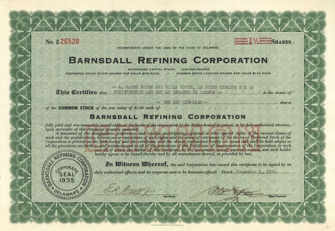 Barnsdall Refining Corp. - 1936 dated Stock Certificate