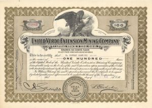 United Verde Extension Mining Co. - 1912 or 1922 dated Stock Certificate