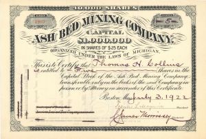 Ash Bed Mining Co. - 1922 dated Stock Certificate