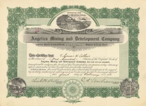 Angelica Mining and Development Co. - 1915-1921 dated Montana Mining Stock Certificate