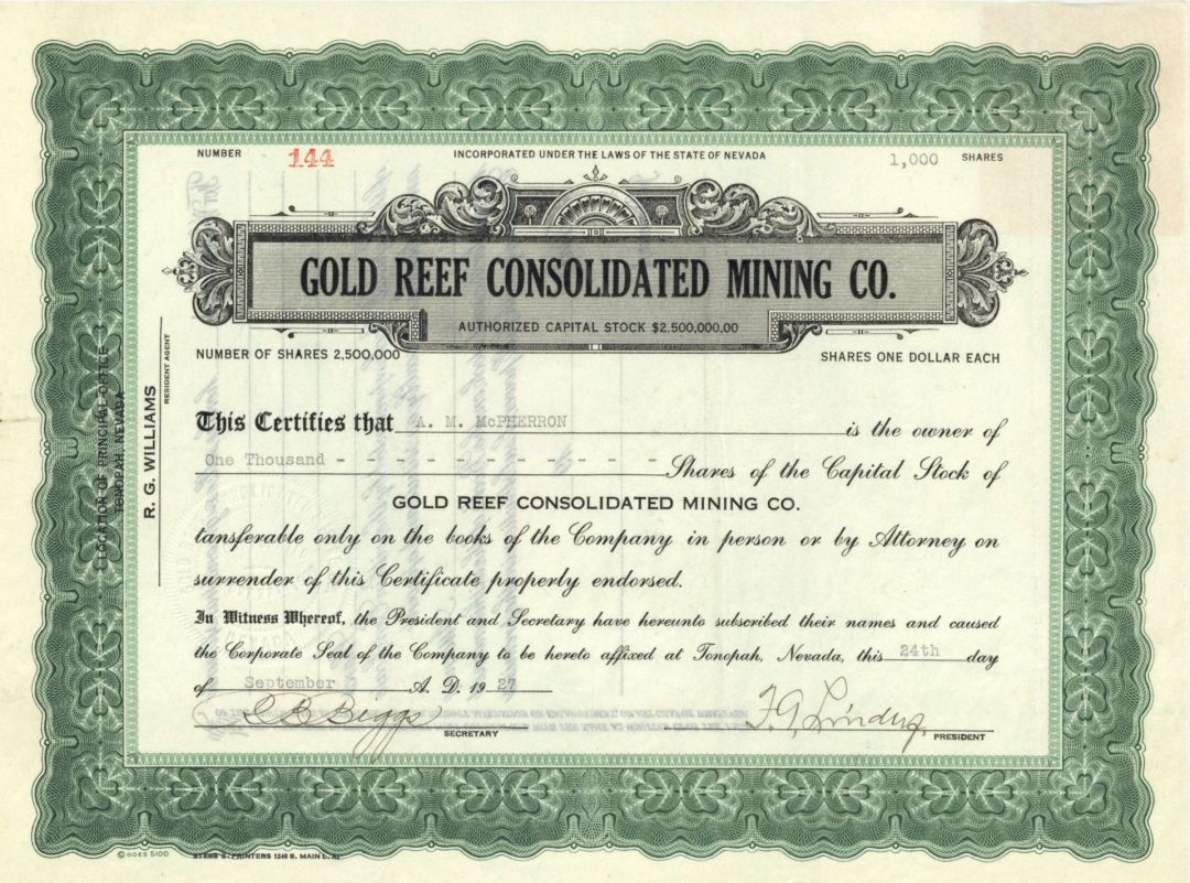 Gold Reef Consolidated Mining Co. - 1927 dated Stock Certificate