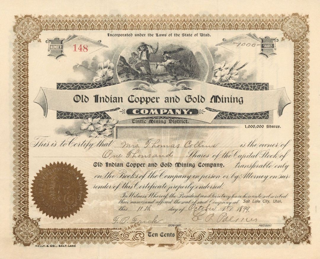 Old Indian Copper and Gold Mining Co. - 1899 dated Stock Certificate