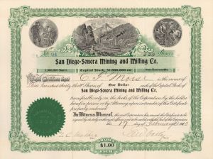San Diego=Sonora Mining and Milling Co. - 1910 dated Stock Certificate
