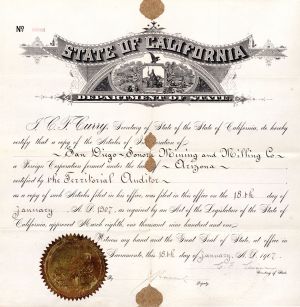 San Diego Sonora Mining and Milling Co. - 1907 dated Stock Certificate