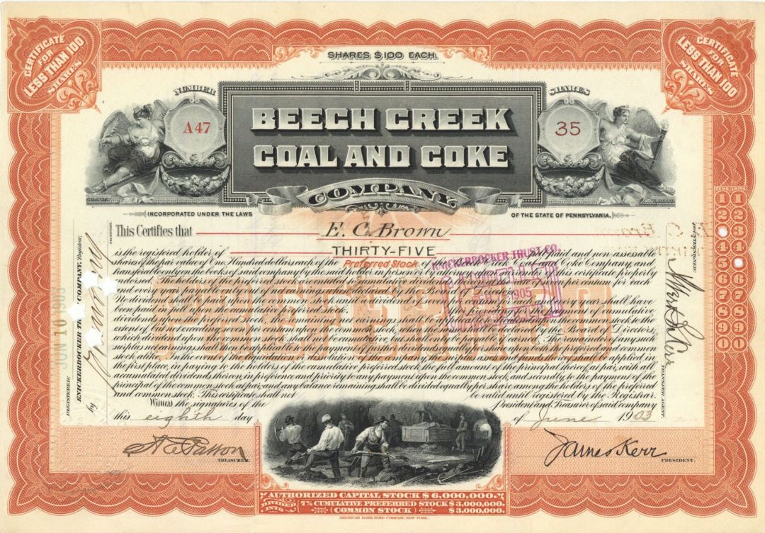 Beech Creek Coal and Coke Co. - 1903 or 1911 dated Mining Stock Certificate