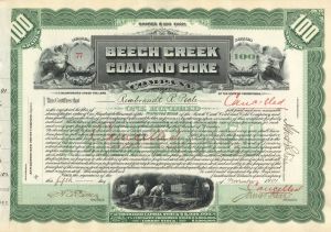 Beech Creek Coal and Coke Co. issued to Rembrandt R. Peale - 1901 dated Stock Certificate