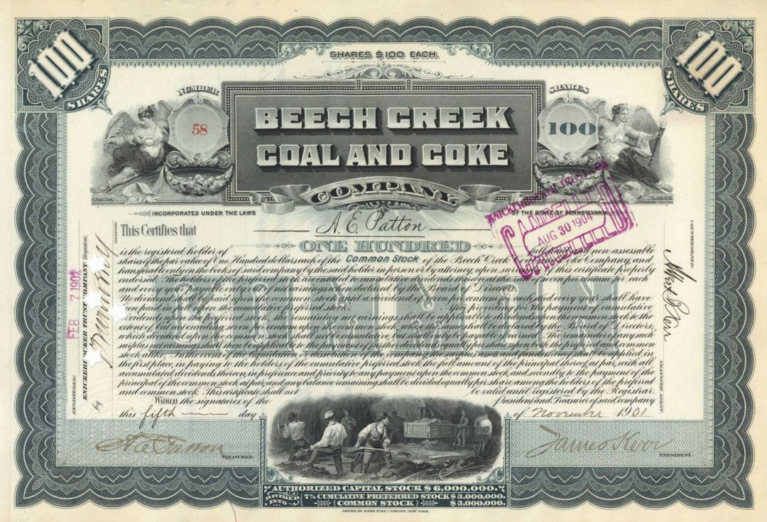 Beech Creek Coal and Coke Co. - 1901 dated Mining Stock Certificate