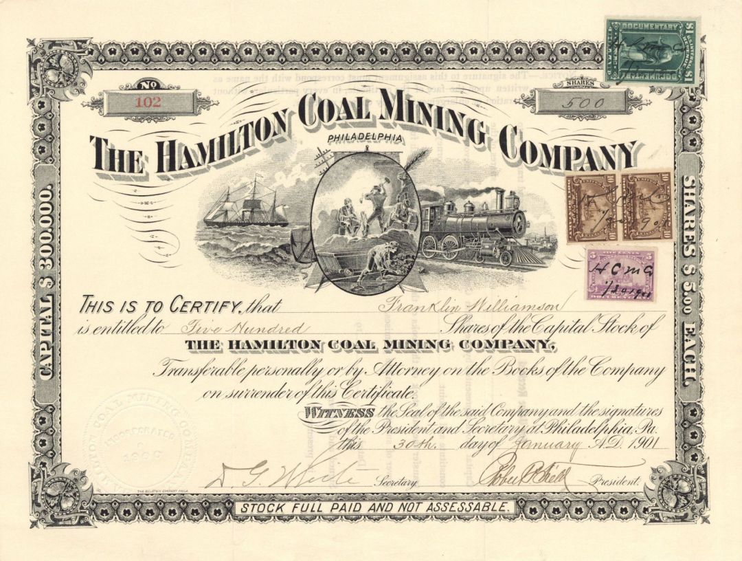 Hamilton Coal Mining Co. - 1901 dated Stock Certificate