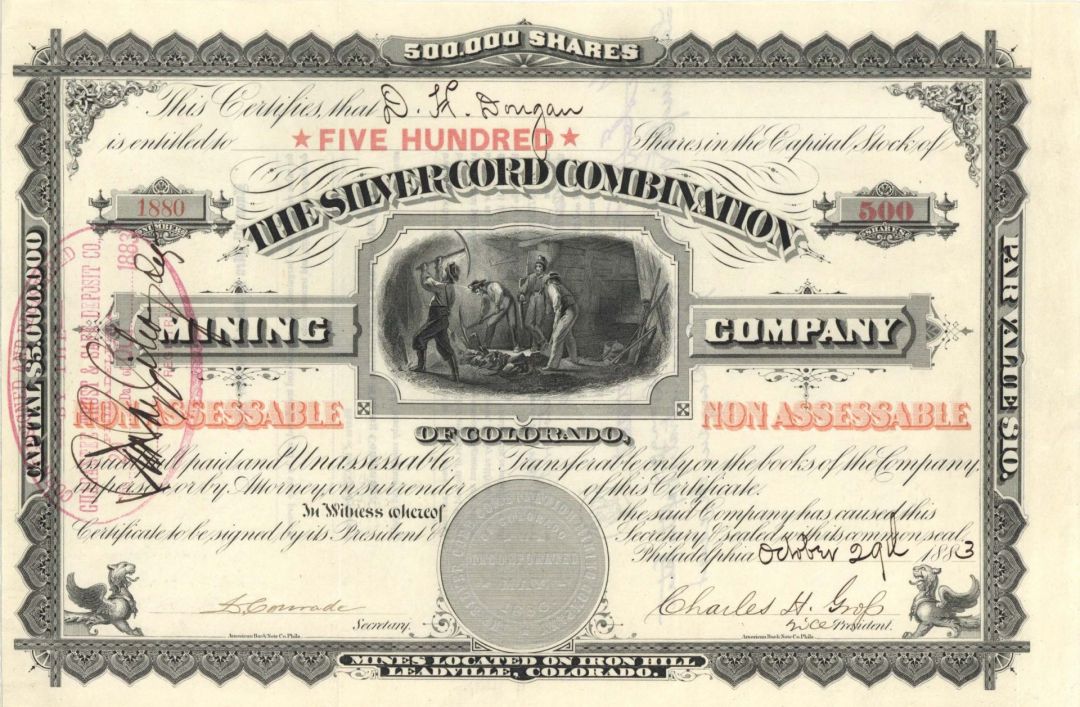 Silver Cord Combination Mining Co. of Colorado - 1883 dated Stock Certificate