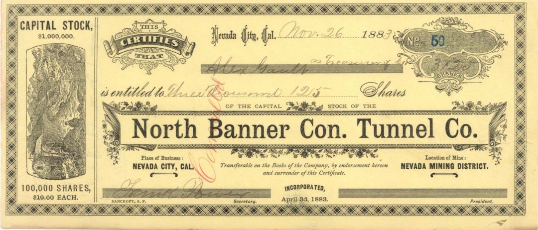 North Banner Con. Tunnel Co. - 1883-1887 dated Mining Stock Certificate