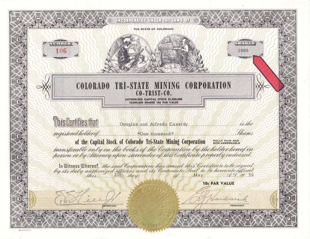 Colorado Tri-State Mining Corp. -  1956 dated Stock Certificate