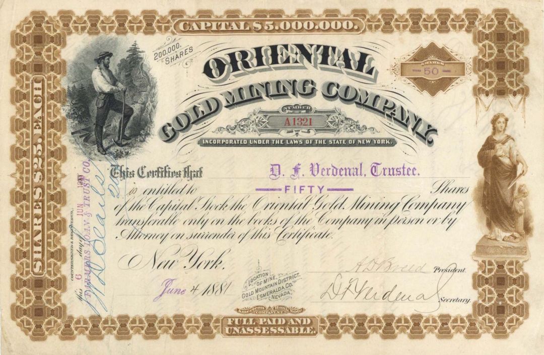 Oriental Gold Mining Co. -  1881 dated Stock Certificate