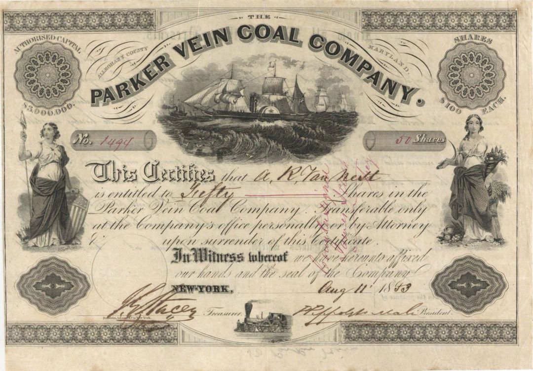 Parker Vein Coal Co. -  1853 dated Stock Certificate