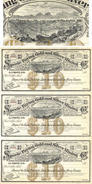 Sheet of 3 - Specie Paying Gold and Silver Mining Co. - Location of Mines in Pinal County, AZ - 1880's dated Unissued Arizona Mining Stock Certificate