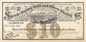 Specie Paying Gold and Silver Mining Co. - Location of Mines in Pinal County, AZ - 1880's dated Unissued Arizona Mining Stock Certificate