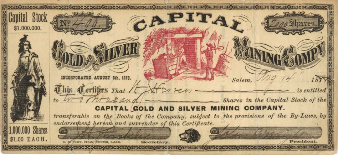 Capital Gold and Silver Mining Co. -  1888 dated Stock Certificate