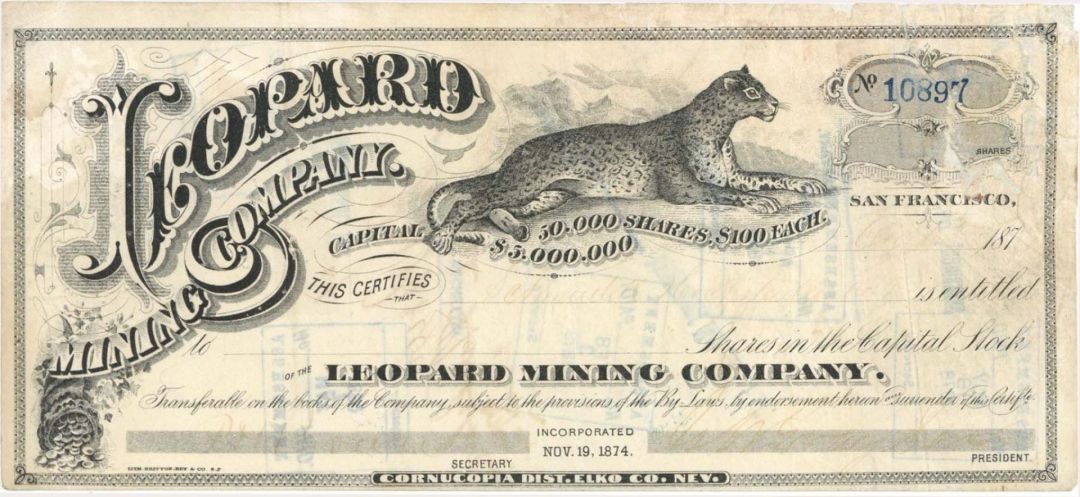 Leopard Mining Co. - Mines in Cornucopia District, Elko County, Nevada - circa 1870's Unissued California/Nevada Mining Stock Certificate