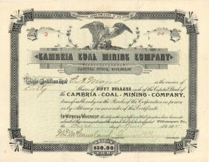 Cambria Coal Mining Co.  - 1892 dated Stock Certificate