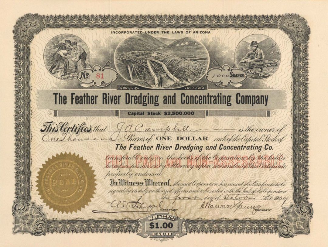 Feather River Dredging and Concentrating Co. - 1909 dated Stock Certificate